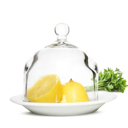 Sendez Glasglocke mit Porzellanteller 16 cm Glashaube Zitronenglocke Glasdom Dekoglocke