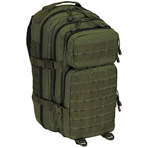 MFH 30328B US Rucksack Assault I Basic 30l (Oliv) - Wanderrucksack mit 30 Litern Volumen, ideal für Outdoor-Aktivitäten. Ausgestattet mit gepolsterten Tragegurten und mehreren Fächern für optimale Organisation.
