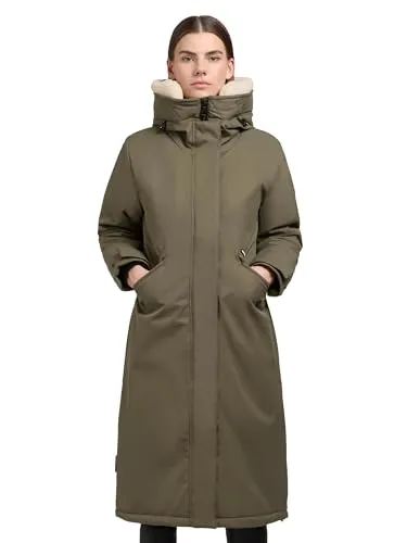 khujo Damen Wintermantel warmer Parka mit weichem Teddyfleece an der Kapuze, Taillenzugband und magnetischer Abdeckleiste Agneta-YM Light Moss Green Gr. XXL