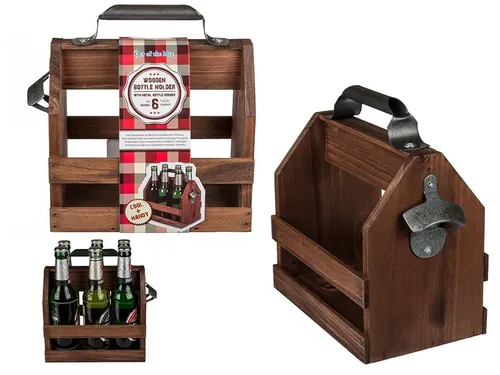 Flaschenträger mit Metall Flaschenöffner Holz Bier Träger für 6x 0,33 L Flaschen