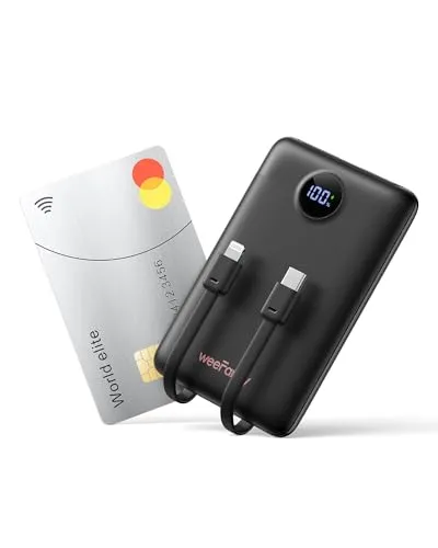 WeeFancy Power Bank 10000mAh Powerbank Klein Mini Powerbank mit integrierten Kabeln USB C Externe Handyakkus 3 Ausgänge & 3 Eingänge Kompatibel mit iPhone/Samsung/Huawei