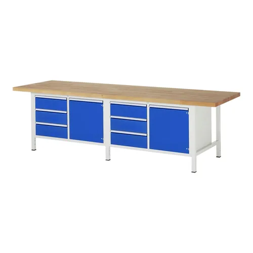 Rau Werkbank höhenverstellbar 8468A2 - Standardwerkbank mit massiver Buche-Arbeitsplatte, höhenverstellbar von 840 bis 1040 mm, 6 Schubladen und 2 Türen für optimalen Stauraum und belastbar bis 1.250 kg.