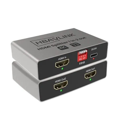 HDMI-Splitter 1 Eingang 2 Ausgänge 4K 60 Hz – EDID-Klon, HDCP2.2, HDR, Dolby Atmos, Dolby Vision – Kompatibel mit Firestick 4k Max, PS3/PS5 & Elgato HD60s/x/Pro, Apple TV 4K, Retrotink, Roku Stick