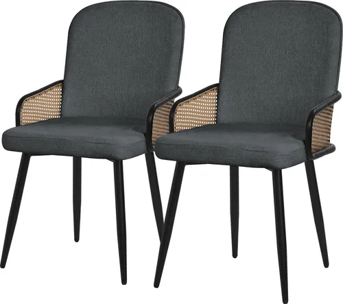 ML-Design Esszimmerstühle 2er Set Anthrazit Stoffbezug Küchenstuhl mit Rattan Optik-Armlehnen Gepolsterte Stühle mit Metallbeinen Sessel ergonomisch