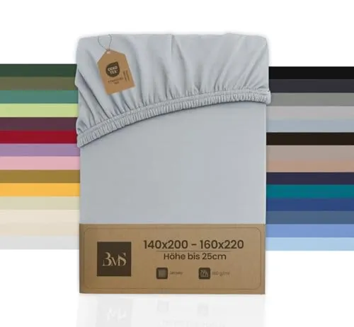 Bettwaesche-mit-Stil Spannbettlaken Jersey Spannlaken Spannbetttuch (140x200-160x220 cm, Matratzenhöhe bis 25cm, Grau Blau) Gewicht: 180g/m², 90% Baumwolle 10% Elasthan