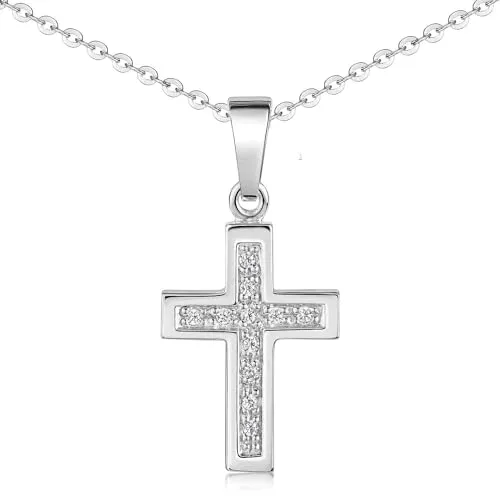 Materia Kettenanhänger Kreuz Silber 925 für Damen - Eleganter Zirkonia Kreuz Anhänger mit 70cm Ankerkette aus 925 Sterling Silber, ideal als Geschenk für besondere Anlässe.