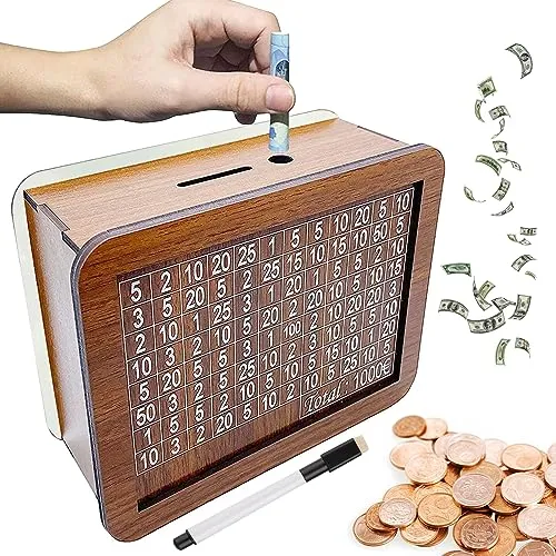 RUOXIXI Spardose Aus Holz Sparbox mit Zahlen Ankreuzen Geld sparen Box Sparbüchse Zum Ankreuzen mit Ziel Geldsparbox mit Ziel,Urlaub Spardose,Sparsose,Sparschwein,Sparbox 1000