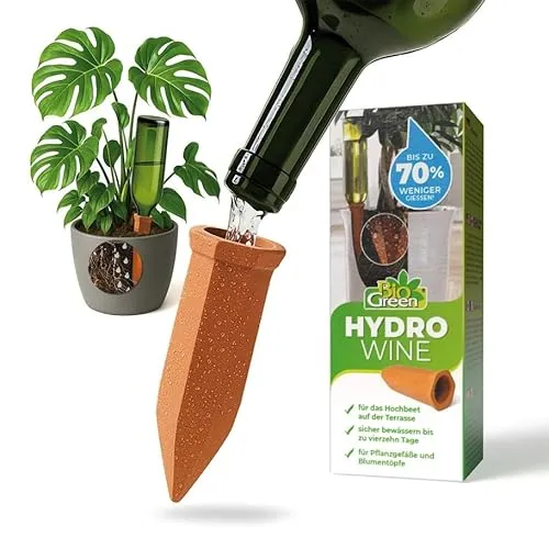 BioGreen Bewässerungssystem Hydro Wine für Balkon- und Kübelpflanzen | Tonkegel passend für Wein- und PET-Flaschen I Wasserspender - kein Übergießen und Austrocknen