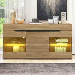 Sideboard Aus Spanplatte In Eiche Mit Led, 140 X 35 X 80 Cm, 3 Türen Und 3 Schubladen