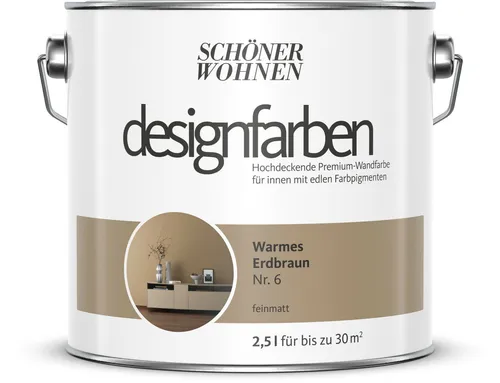 Wandfarbe Designfarbe Braun - Warmes Erdbraun von Schöner Wohnen 2,5L - Hochwertige Innenfarbe, ideal für alle Zimmer, UV-beständig und wasserbasiert. Einfache Verarbeitung mit Rolle, deckt 21-30 m² und trocknet nach nur 6 Stunden.