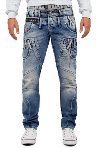 Cipo & Baxx Regular-fit-Jeans Herren Hose BA-CD466 mit Doppel Bund Optik blau 31 - Klassische Denim-Jeans aus 100% Baumwolle mit modischen Destroyed-Effekten und weißen Ziernähten. Pflegeleicht und ideal für den täglichen Einsatz. Perfekte Passform im Regular Fit.