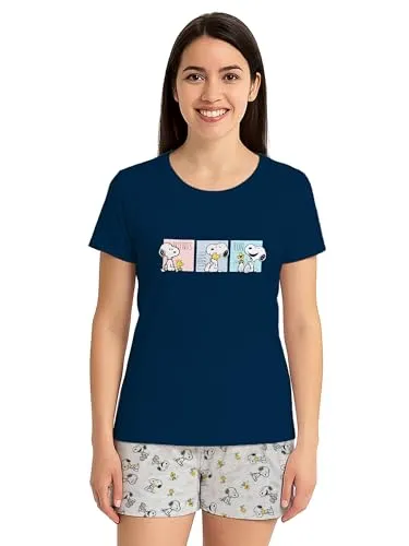 United Labels The Peanuts Snoopy Schlafanzug für Damen - Pyjama Set Kurzarm Oberteil mit Shorts Blau/Grau (DE/NL/SE/PL, Alphanumerisch, S, Regular, Regular, Blau/Grau)