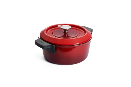 Woll Gusseisen Kasserolle Chili Red 4,2L - Gartöpfe & Bräter - Backofenfeste Kasserolle mit Silikongriffen, ideal für alle Herdarten, inklusive Induktion, perfektes Kochen mit 4,2L Volumen und stilvollem Chili Red Design.