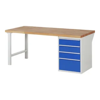 Rau Werkbank 7510A1 - Hochwertige Standardwerkbank mit 4 Schubladen - Standardwerkbank mit stabiler Buche-Massiv-Arbeitsplatte, 100% aus nachhaltiger Forstwirtschaft, 4 rollengelagerte Schubladen und einer max. Flächenlast von 1000 kg.