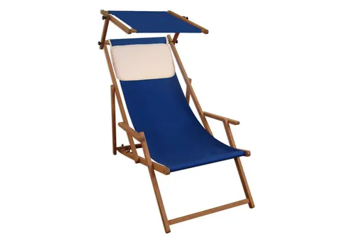 Liegestuhl blau Buche dunkel mit Sonnendach - Camping-Möbel: Hochwertige Gartenliege aus Buche, klappbar, wetterfest und mit abnehmbarem Sonnendach für optimalen Komfort im Freien.