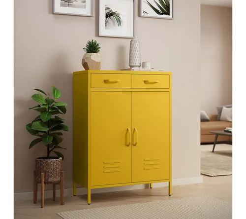 skølm Kommode Atria aus Metall (Senfgelb, 2 Schubladen & 2 Fächer), höhenverstellbare Böden, Highboard auch verfügbar ohne Schubladen