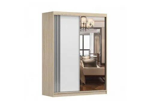 Möblo Schiebetürenschrank Lara 07, Sonoma Eiche & Weiß, 150x200x61 cm - Eleganter Schwebetürenschrank mit dekorativen Lamellen und praktischem Spiegel. Aus robuster 16-mm-Möbelplatte für langanhaltende Nutzung. Ideal für stilvolle und ordentliche Schlafzimmer.