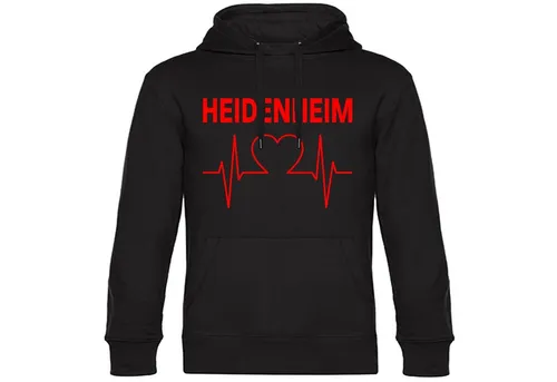 multifanshop Kapuzensweatshirt Heidenheim - Herzschlag - Hoodie schwarz Größe S - Sportliches Kapuzensweatshirt in elegantem Schwarz mit langem Arm und coolem Print. Ideal für Freizeit und sportliche Aktivitäten, gefertigt aus 80% Baumwolle und 20% Polyester.