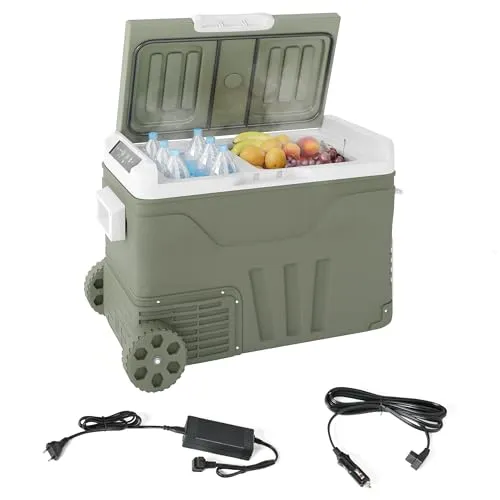 Outsunny 33 Liter Kompressor Kühlbox Leiser elektrisch Mini Kühlschrank bis -20℃ Kühlbox mit LED Rolle Kühlfunktion Gefrierbox Thermobox 12/230 Volt für Auto LKW Camping Boot Reisen Grün