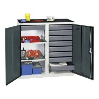 Stumpf Werkzeug- und Materialschrank 3000 - Robuster Materialschrank mit 9 Schubladen und 2 höhenverstellbaren Wannen, gefertigt aus schlag- und kratzfestem Qualitätsfeinblech, ideal für Werkstätten und Lager.