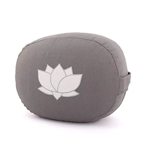 Bodhi Meditationskissen OVAL mit Lotus Stickerei - Bodenkissen aus 100 % Bio-Baumwolle mit abnehmbarem Bezug und Reißverschluss. Ideal für Meditation und Entspannung, gefüllt mit Bio-Dinkelhülsen für optimalen Komfort.