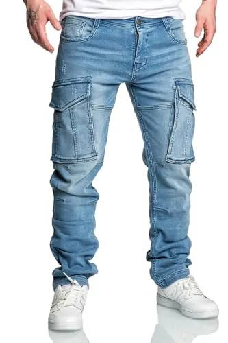 REPUBLIX Herren Sweathose in Stretch Denim Männer Cargo Jogging Jeans R7026 Hellblau W31