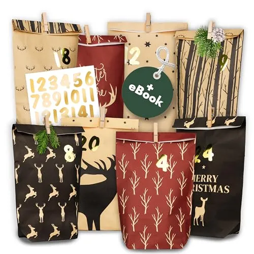 AMARI ® Adventskalender zum Befüllen - 24 Papier Adventstüten (mit Holzklammern) zum Basteln für Weihnachten - Papier Weihnachtstüten mit Zahlenaufkleber
