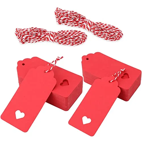jijAcraft 100 Stück Geschenkanhänger Hochzeit, Rot Valentinstag Anhänger Kraftpapier Etiketten 9,5 x 4,5 CM, Anhängeetiketten mit Rot und Weiß Schnur, für Valentinstag, Weihnachten Geschenkverpackung