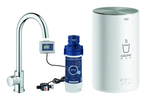 Grohe Red Mono Standventil - C-Auslauf & Boiler Größe M, Chrom - Küchenarmatur mit integriertem Boiler für sofort heißes Wasser, ideal für Tee und Kochen, in elegantem Chrom-Design.