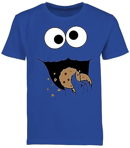 Kinder T-Shirt Jungen - Karneval & Fasching - Keks Monster I Krümelmonster I Cookie Monster - 116 (5/6 Jahre) - Royalblau - Schulstart Tshirt Junge Faschings Shirt Jeck Auge Shirts