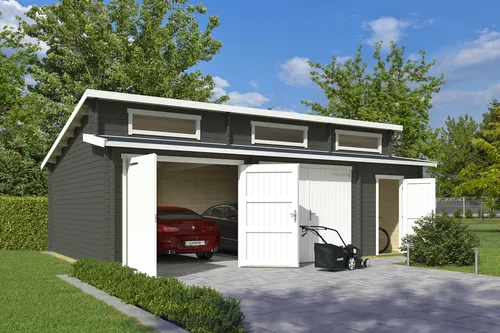 Garage Stufendach 44 mm Hawaii mit Holztor grün 820x520 cm - Gartenhaus mit abschließbarem Holztor, 39.4 m² Nutzfläche und robusten 44 mm Wänden für optimale Sicherheit und Langlebigkeit.
