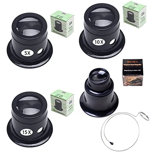 Produktbild Zasjon Uhrmacherlupe Juwelierlupe, 4 Stück Uhrmacher Auge Okular Glaslinse Vergrößerung Faktor 5X 10x 15x 20x Augenlupe mit Lupe Drahthalter für Uhr Schmuck Münzen Elektriker Nähen Handwerk