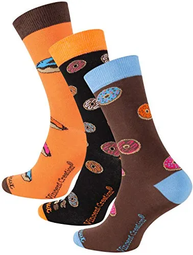 Vincent Creation 3 Paar Bunte Lustige Socken, Damen & Herren Fun Socks, Witzige Strümpfe, Verrückte Socken Modische Oddsocks Mehrfarbig als Geschenk, Einheitsgrösse (36-40, Donuts)