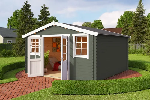 Gartenhaus Blockhaus Satteldach 28 mm Wels 4 grün 410x410 cm - Gartenhaus aus robustem Blockbohlen mit 28 mm Wandstärke, abschließbar und ideal für Gartenliebhaber. Inklusive Holz-Boden und 14.78 m² Nutzfläche für vielseitige Nutzung.