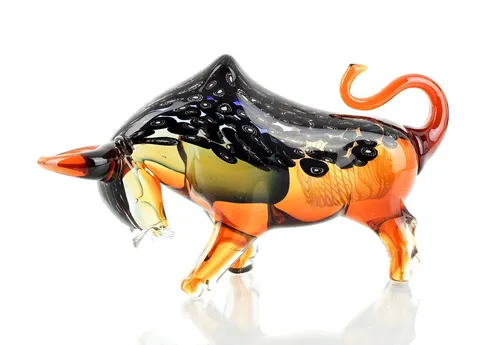 levandeo Designer Skulptur Stier 24x14cm - Statuen - Hochwertige handgefertigte Glas Skulptur, ein einzigartiges Unikat mit farblichen Akzenten in rot, orange, gelb, grün und blau.