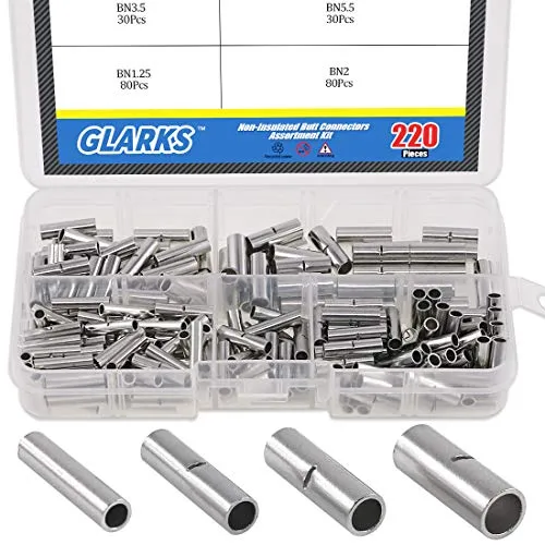 Glarks 220 Stück unisolierte Stoßverbinder-Sortimentskit, 22-16/16-14/14-12/12-10 AWG Gauge, nahtlos, unisoliert, elektrische Aderendhülsen, Kabel-Crimp Terminal Kit für elektrische Spleiße DIY