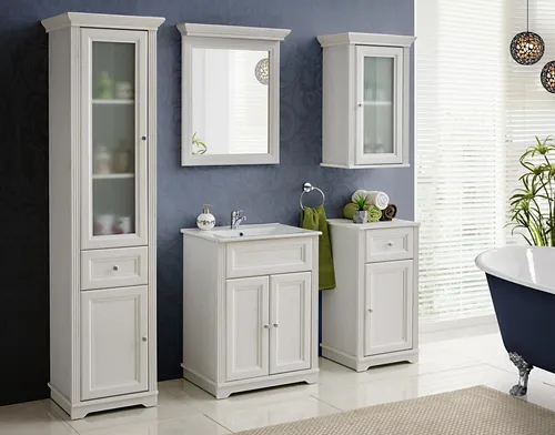 Badezimmer Design Badmöbel Set 5tlg. im Antik Stil - Elegantes 5-teiliges Badmöbel Set mit Hängeschrank, Hochschrank, Medizinschrank, Spiegel und Waschbeckenunterschrank. Ideal für moderne Badezimmer mit viel Stauraum und ansprechendem Design.