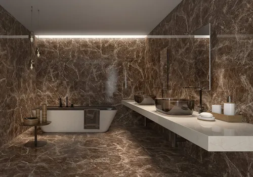Luxus Marmor Bodenbelag 60 x 60 cm - Hochwertige Natursteinfliesen in glänzendem Dark Emberador, ideal für moderne Innen- und Außenbereiche, einschließlich Küche, Bad und Pool.