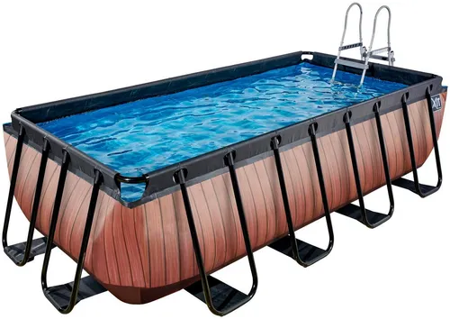 EXIT Frame Pool 400x200x100cm mit Sandfilterpumpe - Swimmingpools - Rechteckiger Rahmenpool im Holzlook, inklusive Sandfilterpumpe und Poolleiter für sicheren Einstieg und Ausstieg.