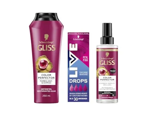 Schwarzkopf Live Color Drops Petal Pink (30 ml), dosierbare Farb-Drops & Gliss Shampoo (250 ml) & Express-Repair-Spülung (200 ml) Colour Perfector, Hitzeschutz (230 °C)