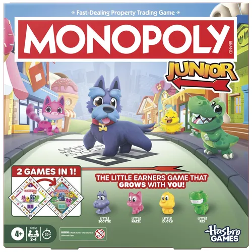 Monopoly Junior Board Game (2026 Edition) 2 Games in 1 for Younger Kids, 2-Sid