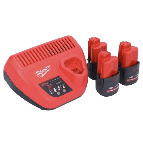 Milwaukee M12 HNRG-253 Akku Starter Set 12 V - Elektrowerkzeug-Akkus mit 3 leistungsstarken 2,5 Ah Lithium-Ionen Akkus und schnellem Ladegerät – ideal für effizientes Arbeiten ohne Unterbrechungen.