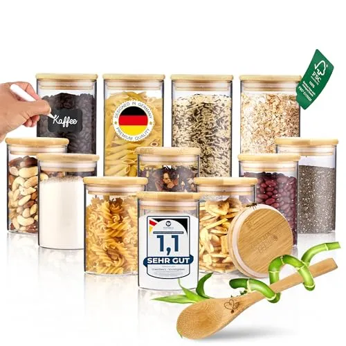GREEN BEE'S 12er Set Vorratsglas klein - 4x600ml & 8x430ml - Glasbehälter & Töpfe - Nachhaltige, luftdichte Vorratsgläser mit FSC-zertifiziertem Bambusdeckel, ideal für eine mottenfreie Lagerung von Reis, Nüssen und Gewürzen.