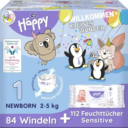 bella baby Happy Windeln comfort Größe 1 Newborn 2-5 kg | Geschenk zur Geburt | 84 Windeln + 2er Pack Feuchttücher Sensitive | Babyerstaustattung