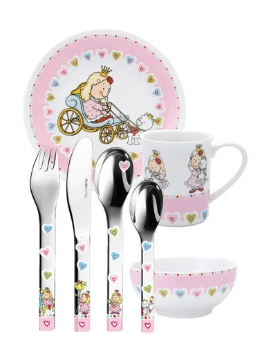 Puresigns ONE Nelia Kindergeschirrset Prinzessin 7-teilig - Kindergeschirrset aus robustem Porzellan mit ergonomischem Edelstahlbesteck, ideal für kleine Kinderhände und spülmaschinenfest - perfekt für selbständiges Essen ab 2 Jahren.