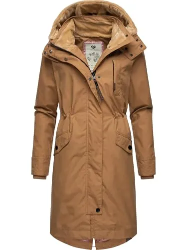 Ragwear Damen Übergangsjacke Nicco Camel - Stylischer Trenchcoat mit Teddyfleece-Kapuze - Funktionsjacken: Hochwertiger Übergangsmantel mit wasserabweisendem Material und kuscheligem Teddyfleece für optimalen Tragekomfort bei kühlen Temperaturen.