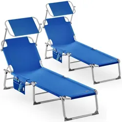 Sonnenliege Ibiza 2er-Set Blau mit Sonnendach - Bequeme Alu Sonnenliege im 2er-Set für Garten und Strand, mit 4-fach verstellbarer Rückenlehne und abnehmbarer Seitentasche für hohen Liegekomfort.