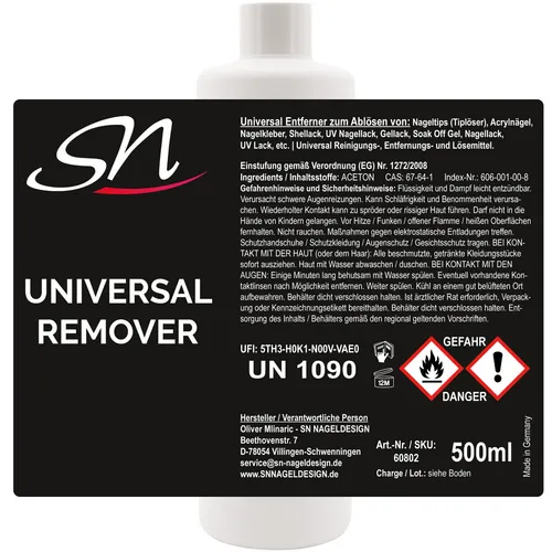 SN Nageldesign Universal Remover Entferner für Shellac UV Nagellack Tiplöser Gellack Schellack Nagellackentferner Aceton 500ml