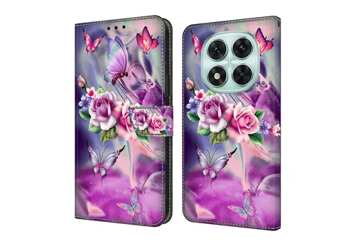 CLM-Tech Handytasche für Xiaomi Redmi Note 14 PRO 5G Hülle aus PU-Leder Klapphülle (lila Blumen Schmetterlinge, Handyhülle mit Standfunktion - Wallet Flip Case inklusive Kartenfächer), Cover mit Magnetverschluss für Xiaomi Redmi Note 14 Pro 5G / 4G