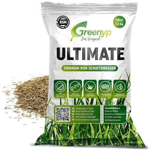 Greenyp® Ultimate I Premium RSM Schattenrasen mit 100% RSM Gräsern I 2,5kg für 100m² I Nachsaat Grassamen Rasensamen Rasensaat Gras für für schattige & trockene Standorte